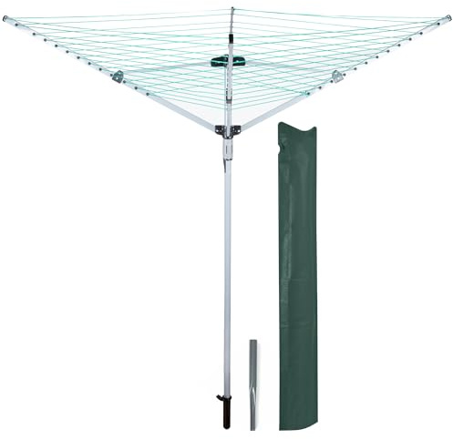 OurHouse 4 Arm Rotary Airer Clothes Line, Outdoor Clothes Line for Garden Use, Rust & Weather Resistant, Dry Laundry Space Saving, Adjustable Height & Ground Spike, 40m Drying Space