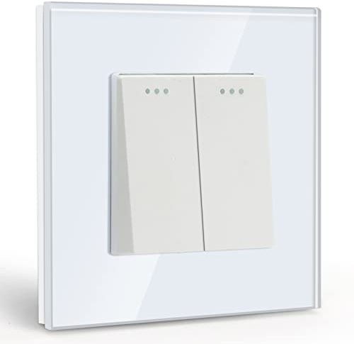 BSEED Lichtschalter 2 Fach 1 Weg Glas Lichtschalter Unterputz Taste Schalter Wandschalter Weiß Kristall Kippschalter