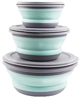 3 ciotole pieghevoli con coperchio, rotonde, in silicone, per campeggio, escursioni, cucina, scuola all'aperto