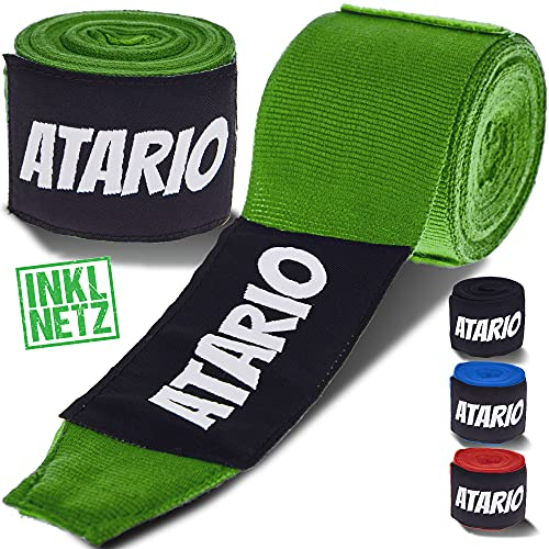 𝐀𝐓𝐀𝐑𝐈𝐎® Boxbandagen mit Transportnetz [3m/4,5m] – Bandagen Boxen mit Daumenschlaufe – Box Bandagen Männer & Frauen halbelastisch zum Boxen, Kickboxen, Muay Thai & MMA (Grün, 4,5m)