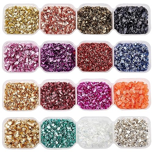 OLYCRAFT 144g Glaschips 16 Farben Crushed Glass Glitter Ungebohrte Glasperlen Für Nail Art Crafts Resin DIY Handyhülle Vase Füllstoffe Schmuck Making Home Decoration