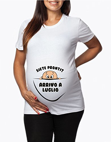 Tshirt Lunga da Donna Ideale per Il Premaman - Maschietto Arrivo a Luglio - Maglietta Premaman - Regalo Futura Mamma - Idea Regalo per Futura Mamma