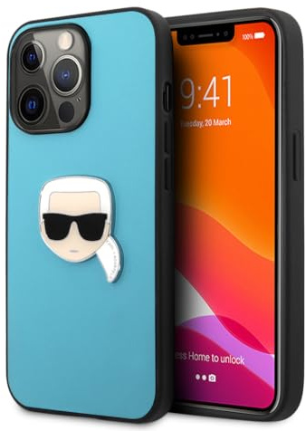 KARL LAGERFELD KLHCP13XPKMB Case for iPhone 13 Pro Max 6.7 Inches Blue Leather Ikonik Karl's Head Metal
