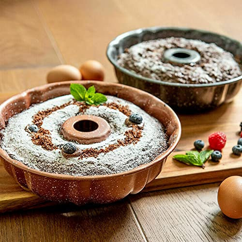 plastific Fluted Ring Cake Mould Non-Stick Springform Round Cake Tins for Baking Cake Tin with Non-Stick Coating Cake Pan, Easy Release Fluted Ring Tin (Golden - 24cm)