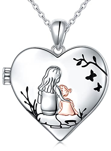 Ladytree S925 Sterling Silver Love Heart Mother and Daughter Keepsake Hold Pictures Photo Locket Memory Pendant Necklace Gifts for Women Grandma Mother Daughter