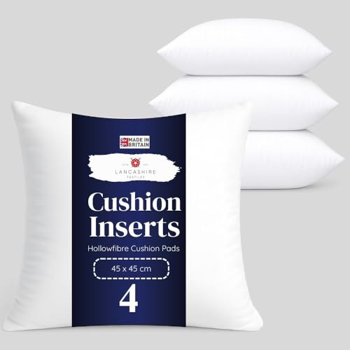 Lancashire Textiles 4 Pack 18 x 18” (45 x 45cm) Quality Microfibre Super Bounce Fibre Cushion Pads Made in Britain with Cotton Blend Casing & Our Luxury Hollowfibre Filling