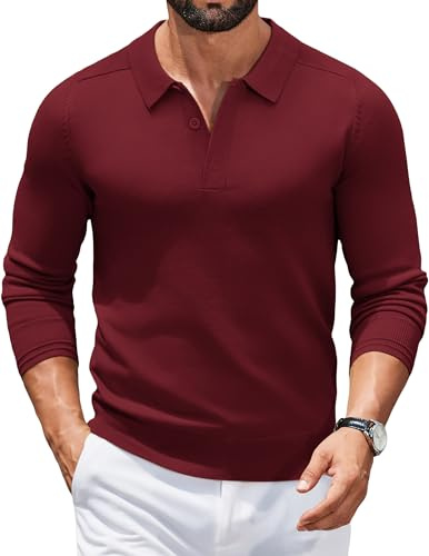 COOFANDY Jersey para Hombre Cuello Polo Jersey Manga Larga Suéter de Punto Negocios Suéter Informal Sweater Básico Color Sólido Regular Fit Vino Rojo S