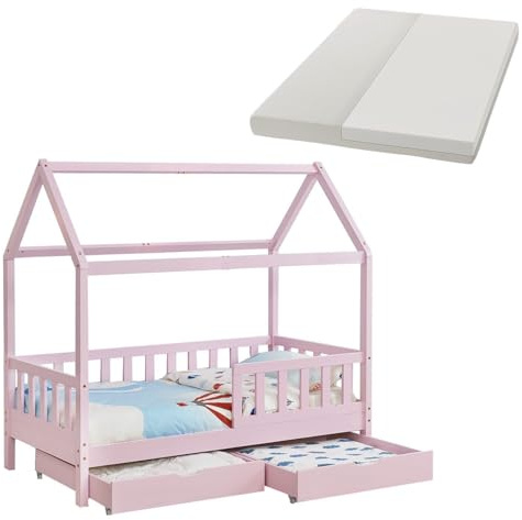 Juskys Kinderbett Marli 90 x 200 cm mit Matratze, Bettkasten, Rausfallschutz, Lattenrost & Dach - Massivholz Hausbett für Kinder - Bett in Rosa