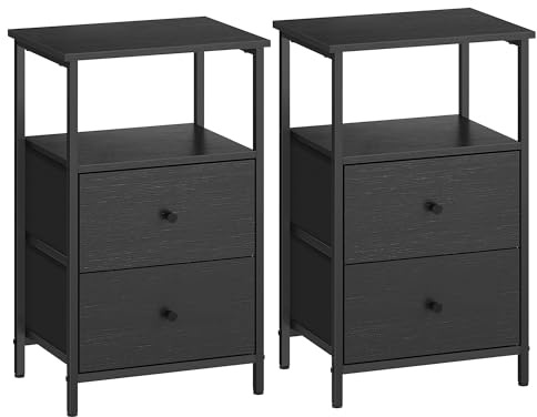VASAGLE Set di 2 Comodini, Tavolino con 2 Cassetti in Tessuto, Alto 61 cm, con Ripiano Portaoggetti, per Soggiorno Camera da Letto, Cenere, Inchiostro e Nero Opaco LGS225B21, 38 x 28 x 61 cm