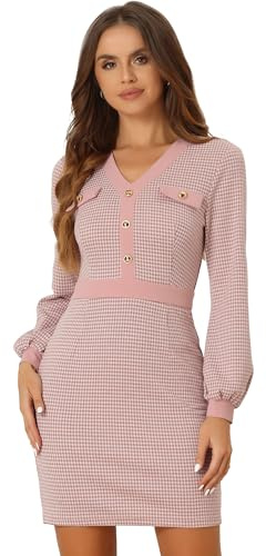 Allegra K Houndstooth Dress for Women's V Neck Long Sleeves Elegant Sheath Dresses Pink L