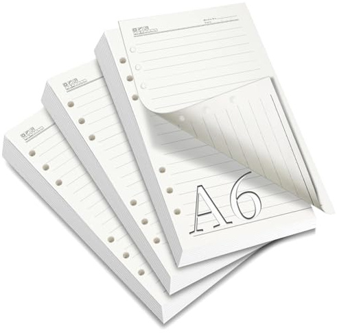 SWTY Ext 3-pack påfyllningsblock – A6 linjerat papper, 180 ark/360 sidor, 6 hål ringpärminsatser, tjock pappersorganiseringsplanerare för skola, kontor, hem