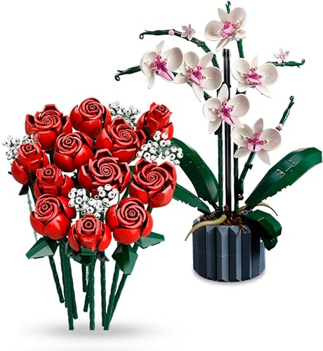 Lego Icons Bouquet de Roses 10328 & Orchidée 10311 : Ensemble combiné de fleurs, plantes artificielles en blocs de serrage - Ensemble de décoration florale pour adultes de la collection botanique