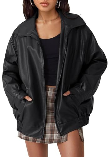 hathne Chaquetas de cuero de gran tamaño para mujer, con cremallera sintética, chaquetas de motocicleta, abrigos de invierno, Negro, Large