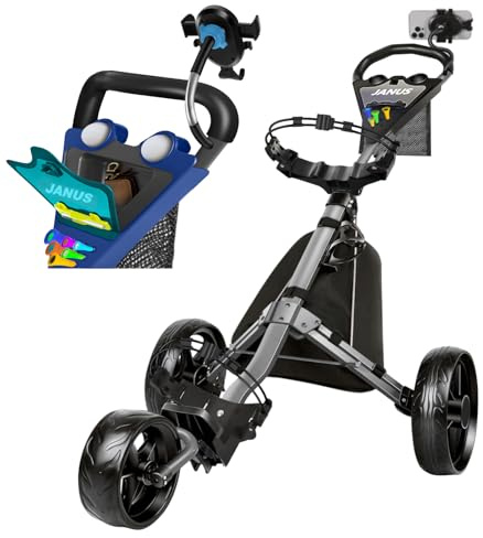 JANUS Golf Push Cart 3 Wheel, Foldable with One-Click Folding, Compact Golf Bag Cart, Wide EVA Wheels, Foot Brake, Elastic Wing Straps, Cooler Bag, Phone Holder or Gooseneck Holder