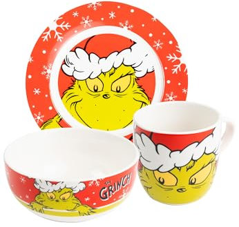 United Labels Grinch Merry Grinchmas - Juego de desayuno de 3 piezas, color rojo, vajilla de porcelana con plato de 19 cm de diámetro, taza de 220 ml y cuenco de 330 ml