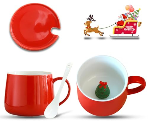 LIHIQIYA Stasse med julgran, 3D-kopp jul med lock och sked, söt keramik barnkopp rolig kaffekopp jul presenter hemliga presenter för kvinnor flickor vänner mamma