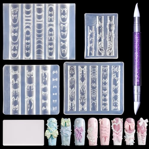 Laza 4pcs Bowknot Silicone Nail Art Molds, 3D Multiple Shapes Ribbon Lace Bows Charms Silicone Nail Accessories with Carving Pen Resin Nail Art Mold Manicure Tools for Women DIY Manicure Design