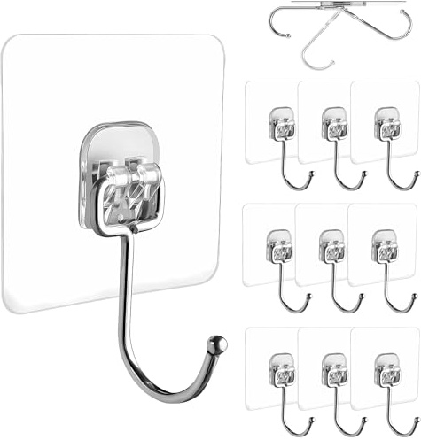 EOSWRU Self Adhesive Hooks, 10Pcs Sticky Hook for Hanging, Hooks Heavy Duty 15 kg (Max) Seamless Transparent Adhesive Hook Waterproof and Oil-Resistant, for Kitchen Bathroom Office Closet