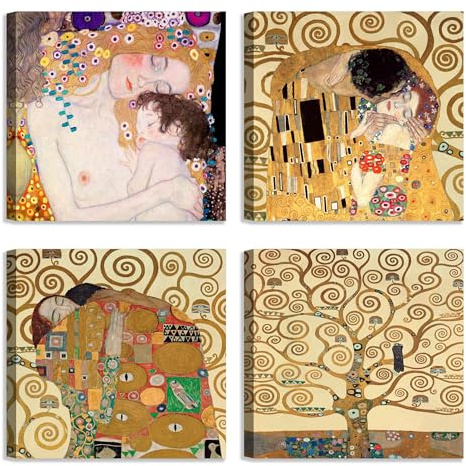 LuxHomeDecor Set di 4 Quadri 30x30 cm Stampa su Tela con Telaio in Legno Arte Decorativa e Simbolista Gustav Klimt per Soggiorno Camera da Letto Studio