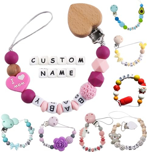 Svyqwmz Personalised Dummy Clips with Name Bracelets Silicone Pacifier Clips with Name Chain Stroller Clip Custom Holder Personalised Gift