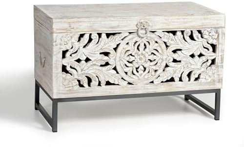 GC GINER & COLOMER Baúl de Madera de Mango Tallado a Mano con Base de Metal - Cofre de Almacenaje Blanco Envejecido 50 x 80 x 40 cm - Colección Mykonos