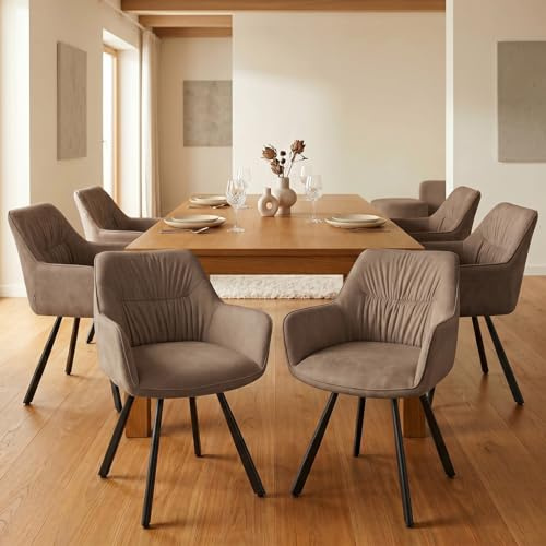 WAFTING Chaises de Salle à Manger Pivotantes 360°, Lot de 6, Marron | Velours microfibre, structure en métal, chaise rembourrée, fauteuil avec accoudoirs, cuisine et salon