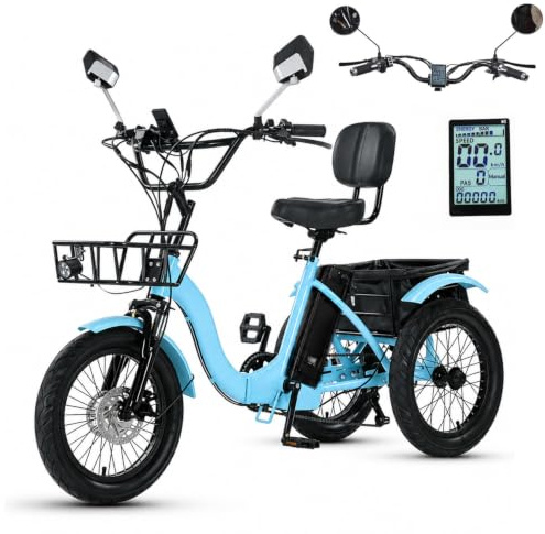 Triciclo Eléctrico Para Adultos,Triciclo Eléctrico Plegable De 18,95% Preensamblado,Con Batería De 48 V 13 Ah+Pantalla Lcd+Bocina+Espejo Retrovisor,Ideal Para Personas Mayores,Compras O Picnics Blue