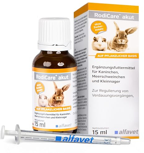 Alfavet, RodiCare Akut, supplementary feed for regulating digestive processes of rabbits, guinea pigs and small rodents, 15ml glass bottle with dosing syringe