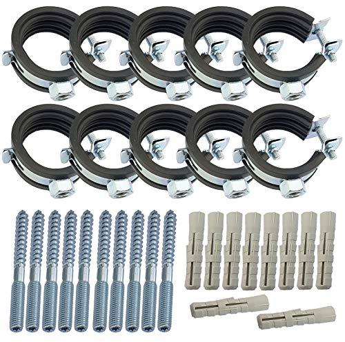 10 Stück Set Rohrschellen aus Stahl verzinkt Spannbereich 75-80 mm Rohr Außendurchmesser 2 1/2 Zoll mit Schallschutz Gummi Einlage + Dübel 10mm + Stockschrauben M8 Halterung Befestigung 10er Pack