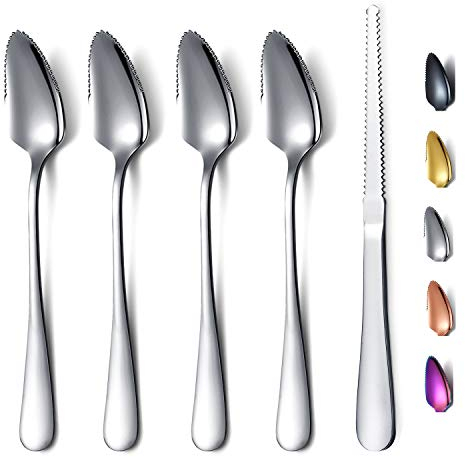 Set 5 Cucchiai Da Pompelmo, 4 Cucchiai da Pompelmo In Acciaio Inossidabile e 1 Coltello Da Pompelmo Con Placcatura In Titanio, Set Di Utensili Per Pompelmo, Cucchiaio Con Bordi Seghettati