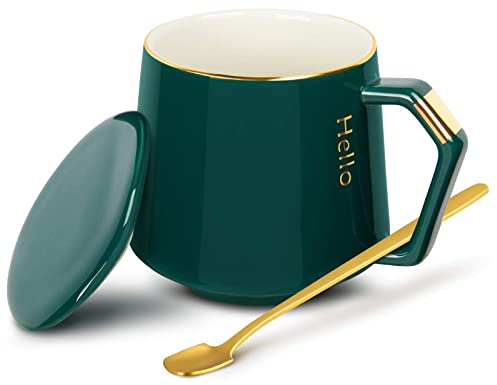 SMBOX Ceramic Mugs Coffee Mug with Lid Coffee Cup + Stainless Steel Spoon, 12oz/380ml Tea Mug, Great Gift for Birthday/Christmas/Valentine's Day-Green
