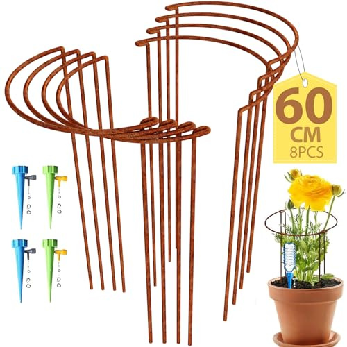Large 60cm Tall Rusty Bow Plant Support Stakes, Half Round Natural Rust Flower Support Ring Cage Frame with 4 Self Watering Spikes, Metal Interlinking Garden Border for Peonies, Hydrangea(8,60x30cm)