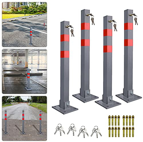 SWANEW Parkeringsspärr stål fällbara parkeringsstolpar avstängningsstolpar parkeringsspärr med 3 nycklar och reflexremsor robust stativbas spärrset (4 stycken)