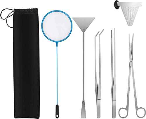 Edelstahl Aquarium Werkzeug Set,6 in 1 Aquascape Tool mit lang Pinzette Schere Spatel Fischnetz Fütterungstrichter,Aquarium Aquascaping Set für Einsteiger Aquarienpflanzenkies Reinigen