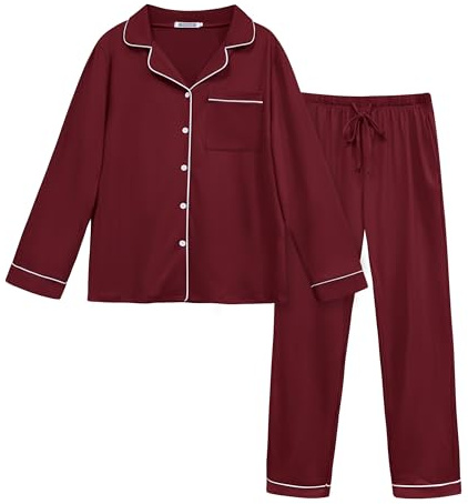 Lovasy Pyjamas for Women Button Down Pjs for Women Sets Soft Ladies Pyjamas Classic Long Sleeve Women's Pyjamas Sets Two Piece Pajamas for Women UK Cosy Womens Pjs with Pockets,Wine Red,XXL