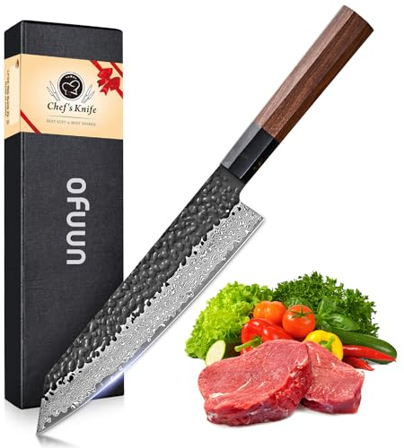 oFuun Damasco Coltelli da Cucina Professionali, Coltello da Chef Giapponese Kiritsuke 20 cm Forgiato a Mano per Carne e Pesce (Manico in Palissandro e Scatola Regalo)