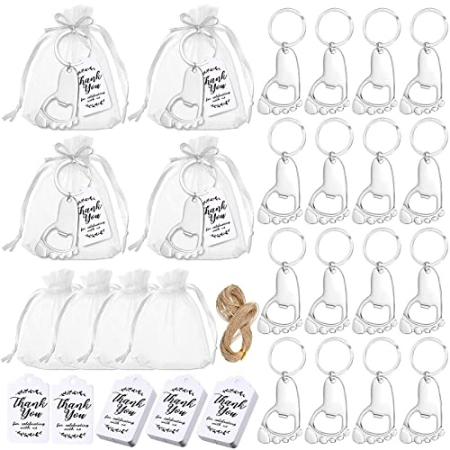 Topyond 24 Abrebotellas Abridor De Botellas Para Baby Shower, Llavero Con Huella De Bebé, Recuerdos De Fiesta Con Bolsas De Organza, Etiquetas De Agradecimiento, Cuerda Para Fiesta De Baby Shower