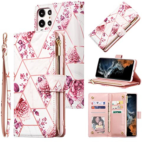 UEEBAI Mobiltelefonfodral för Samsung Galaxy S24 Ultra 5G, dragkedjefodral premium PU-läder mjukt TPU hopfällbart skal magnetiskt lås kortfack stativfunktion plånbok med bärband fodral – rosa marmor