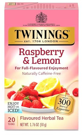 Twinings Raspberry & Lemon Herbal Tea Individually Wrapped Bags, 20 Count (Pack of 1), Unsweetened, Refreshing & Fruity, Naturally Caffeine-Free, Enjoy Hot or Iced