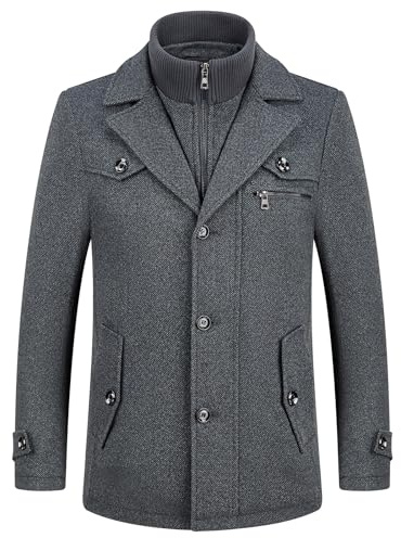 KUDORO Abrigo de hombre de lana corto de invierno casual y de negocios de ajuste regular grueso en mezcla de lana con cuello interior extraíble Parka Trench Coat, gris oscuro, M