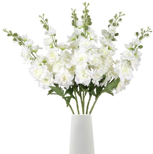 Rzoukler White Delphinium Artificial Flower 6PCS Larkspur Silk Delphinium Flowers 29.52 Long Stem Fake Flower for Tall Vase Wedding Floral Arrangements Home Table Decor(White)