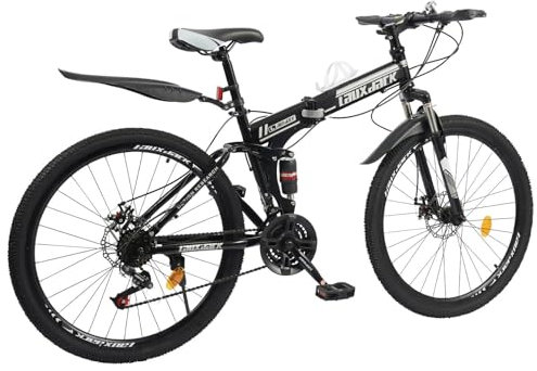 DGJMuu Mountain Bike freno a disco bicicletta 26 sospensione completa,21 marce bicicletta acciaio al carbonio telaio pieghevole nero+bianco mountain bike