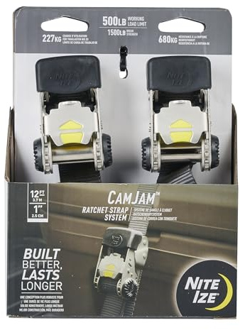 Nite Ize CamJam Ratchet Strap System - Easy-Release Patented Lever Pawl - Tie Down Straps & Ratchet with Adjustable Positioning for Varied Configurations - 500 lb Working Load Limit - Small (2 Pack)