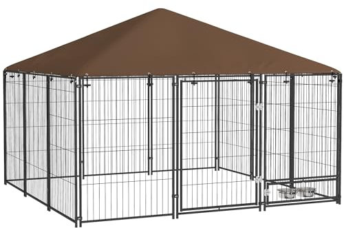 PawHut Outdoor Hundezwinger aus Metall und Oxford-Gewebe mit Futternapfhalter und wetterfestem Dach Geräumiger Raum 211 x 211 x 151 cm Schwarz