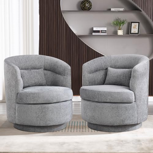 CANMOV Swivel Accent Chair Set of 2, 360 Degree Round Swivel Barrel Chair with Pillow, Upholstered Comfy Barrel Armchair Single Club Sofa Chair for Living Room, Bedroom, Reading Room,Dark Grey