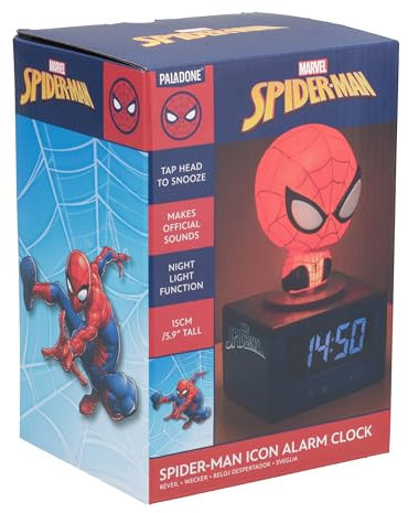 Paladone, Sveglia digitale di Spider-Man della Marvel, con luce notturna e musica, con licenza ufficiale MCU, decorazione per camera da letto a tema supereroe, per bambini e ragazzi, a batteria