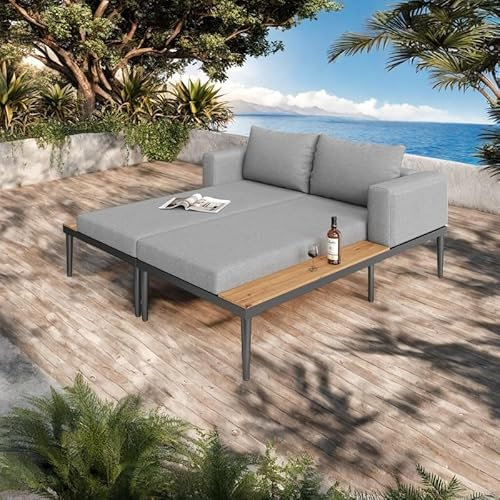 Wyibwy Sonnenliegen, Doppelliegen, Gartenliege, multifunktional, wasserdicht, Doppelliege mit Ablagen, 150 x 140 x 30 cm, für 2 Personen, Liegen für Terrasse, Garten und Balkon, Grau
