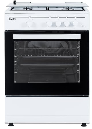 Svan Cocina Gas Butano 4 Zonas de Cocción, Horno 59 L, Blanco SKG4601. Control Manual, 2 Programas de Cocción, Cristal en Puerta de Doble Capa, Tapa Abatible
