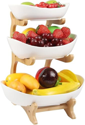 Présentoir à fruits à 3 étages, Corbeille a Fruits Céramique avec support en bois résistant, Plateaux de Service pour Gâteaux Fruits Dessert, Décoration Coupe de Fruit