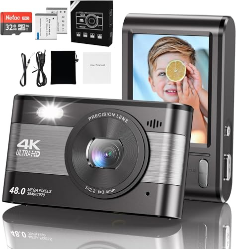 Digital Camera, Vlogging Camera Rechargeable Portable Mini Cameras 4K FHD 1080P 48MP Compact Cameras with 18X Digital Zoom, with 2 Batteries for Teens,Kids,Beginners